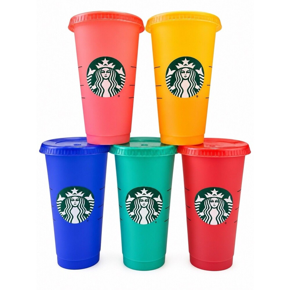 5 Starbucks Reusable Color Changing Cold Cups w/ Lids Multicolor Cups